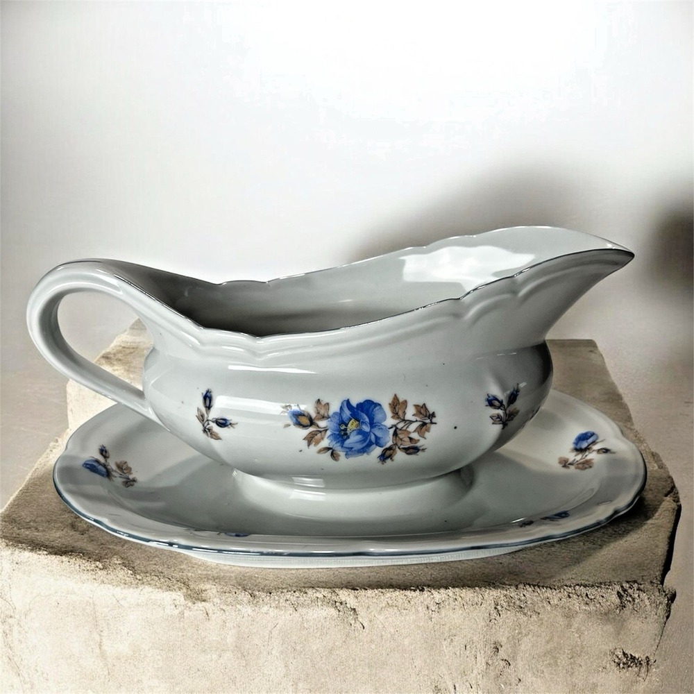 Vintage Edelstein Bavaria‎ Gravy Boat w/ Attached Underplate Blue Floral 🇩🇪